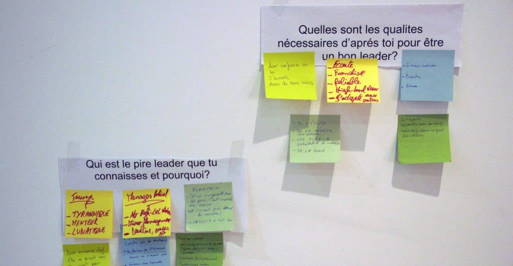 Photo d'une feuille avec des questions portant sur les qualités du leader